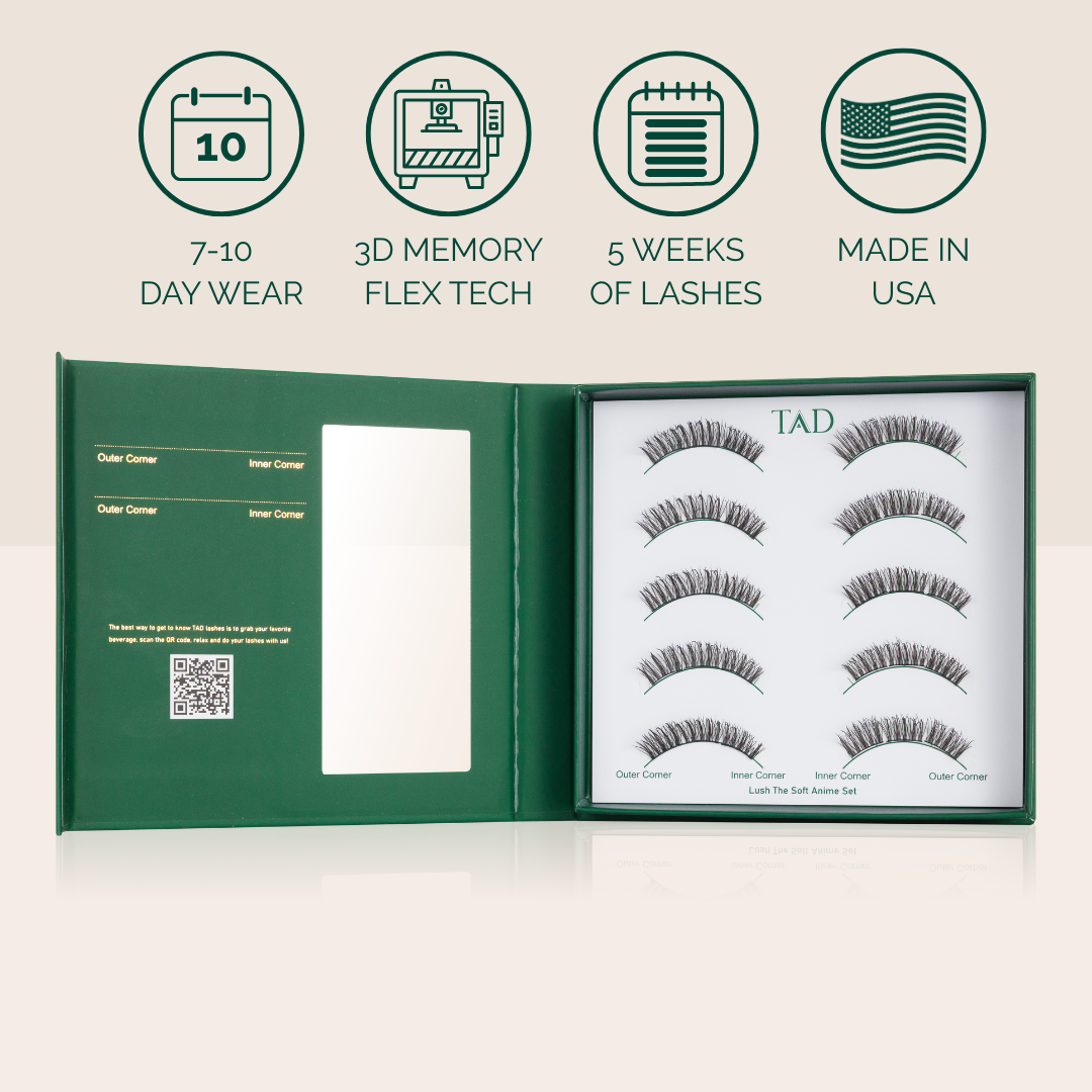 Eyelash packaging with features listed on a beige background