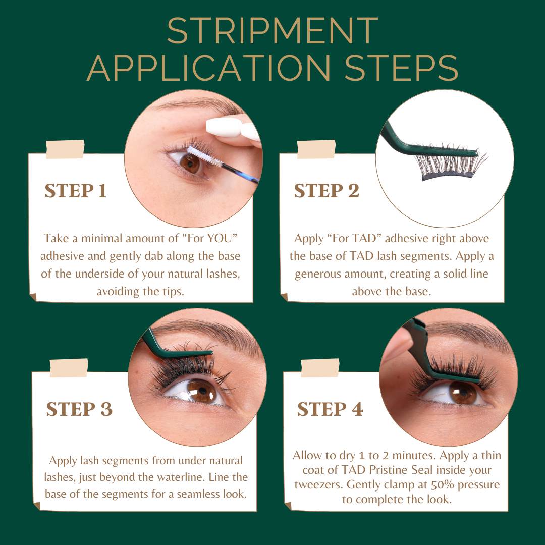 Stripment application steps for false eyelashes on a green background